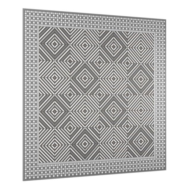 Spritzschutz Glas - Geometrische Fliesen Strudel Grau mit Mosaikrahmen - Quadrat 1:1