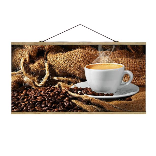 Stoffbild mit Posterleisten - Kaffee am Morgen - Querformat 2:1