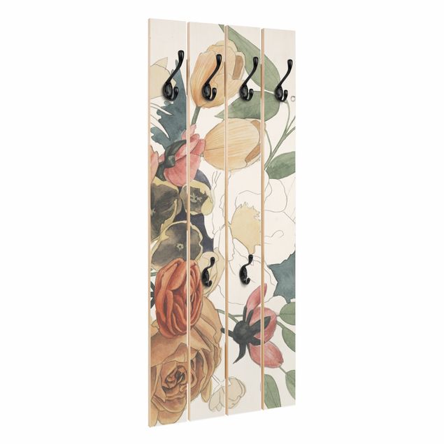 Wandgarderobe Holz - Zeichnung Blumenbouquet in Rot und Sepia II - Haken chrom Hochformat