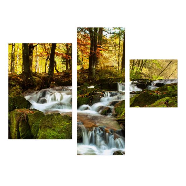 Leinwandbild 3-teilig - Wasserfall herbstlicher Wald - Collage 1