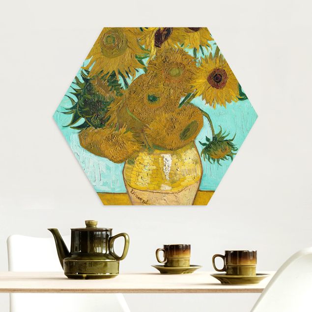 Hexagon Bild Alu-Dibond - Vincent van Gogh - Vase mit Sonnenblumen