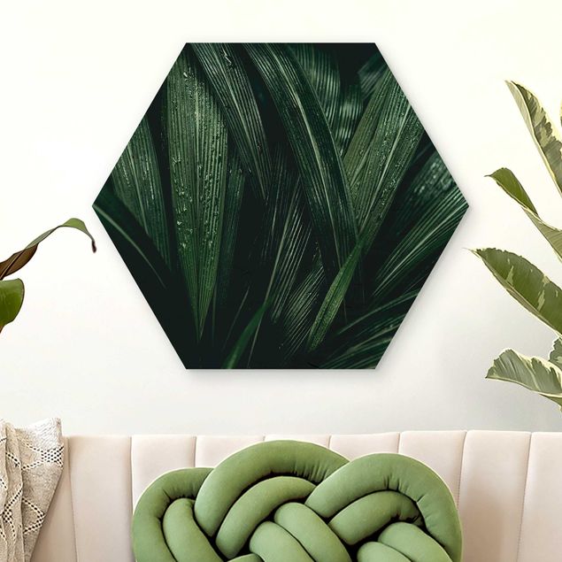 Hexagon Bild Holz - Grüne Palmenblätter