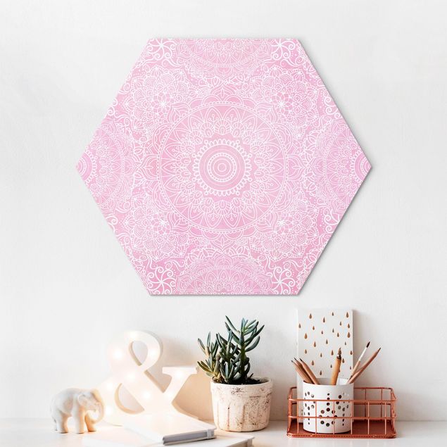 Hexagon Bild Alu-Dibond - Muster Mandala Rosa