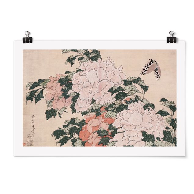 Poster - Katsushika Hokusai - Rosa Pfingstrosen mit Schmetterling - Querformat 2:3