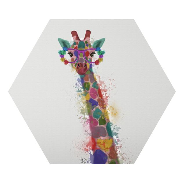 Hexagon Bild Alu-Dibond - Regenbogen Splash Giraffe