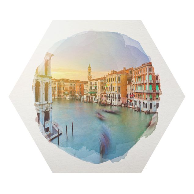 Hexagon Bild Alu-Dibond - Wasserfarben - Canale Grande Blick von der Rialtobrücke Venedig