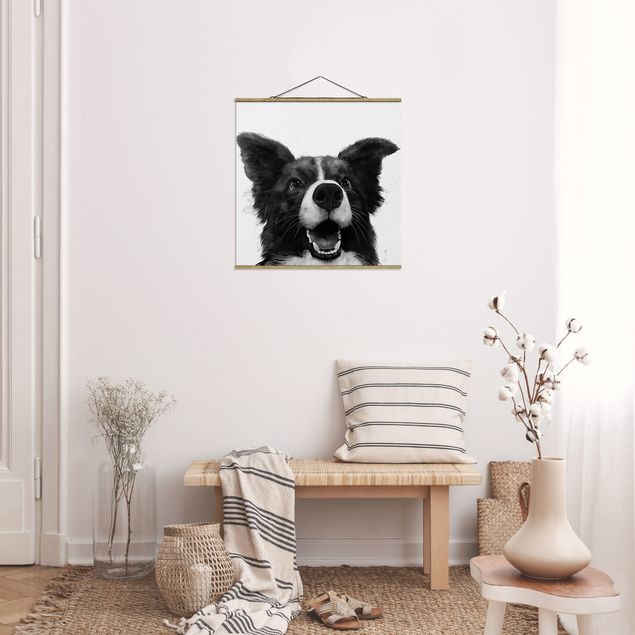 Stoffbild mit Posterleisten - Laura Graves - Illustration Hund Border Collie Schwarz Weiß Malerei - Quadrat 1:1