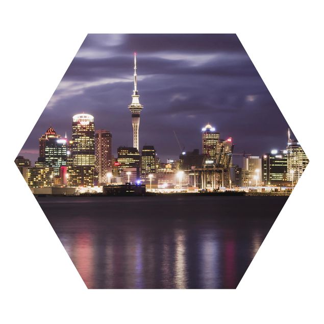 Hexagon Bild Alu-Dibond - Auckland bei Nacht