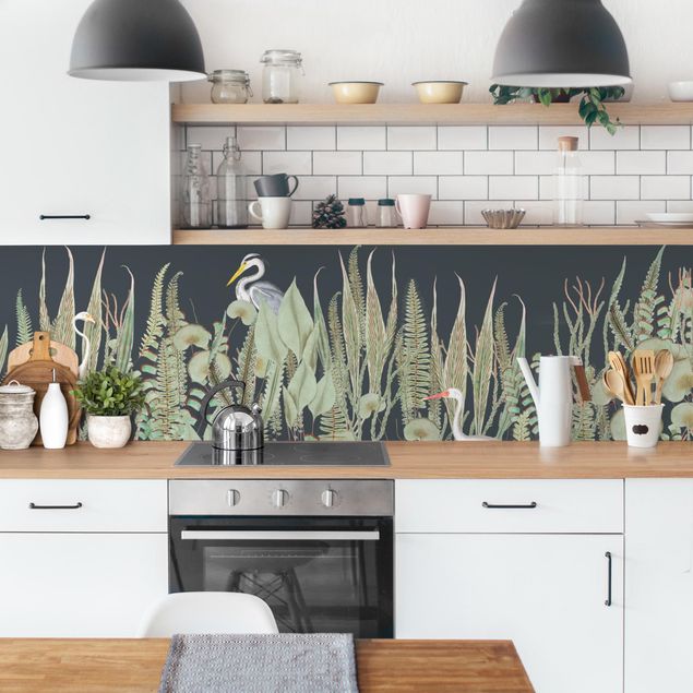 Küchenrückwand - Flamingo und Storch mit Pflanzen auf Grün