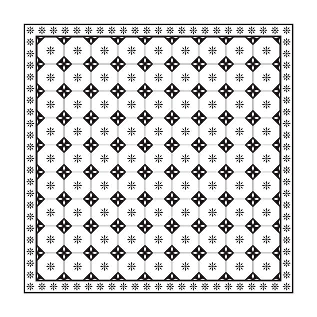Teppich Esszimmer Geometrische Fliesen Landhaus Schwarz Weiß mit Bordüre