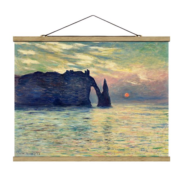 Stoffbild mit Posterleisten - Claude Monet - Felsen Sonnenuntergang - Querformat 4:3