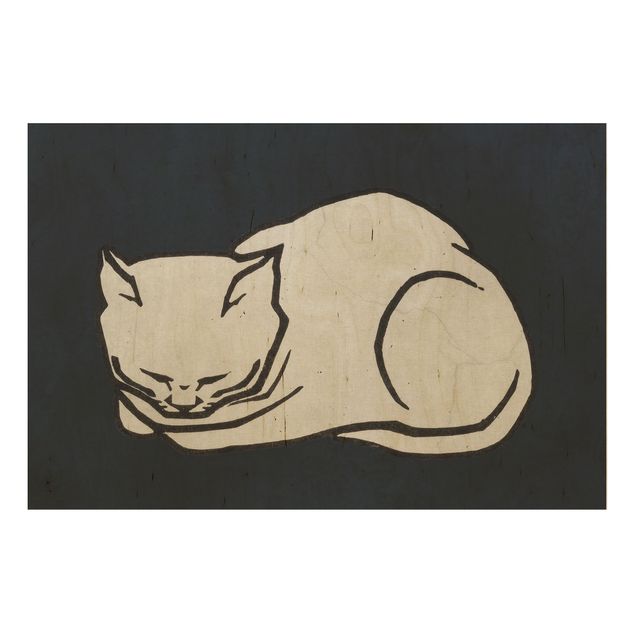 Holzbild - Schlafende Katze Illustration - Querformat 2:3