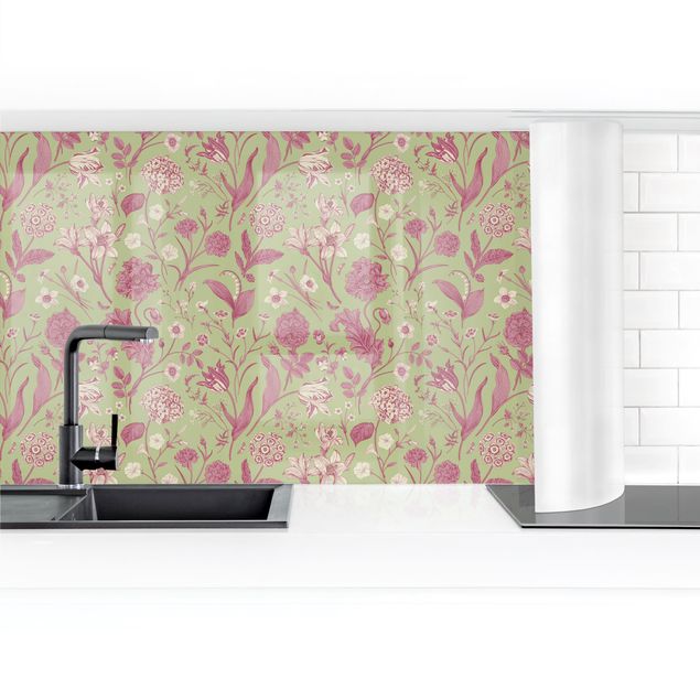 Küchenrückwand - Blumentanz in Mint-Grün und Rosa Pastell II