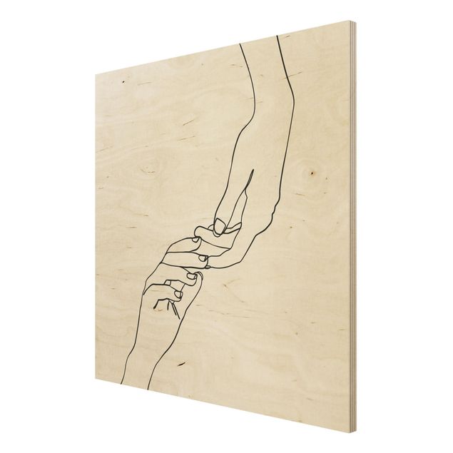 Holzbild - Line Art Hände Berührung Schwarz Weiß - Quadrat 1:1