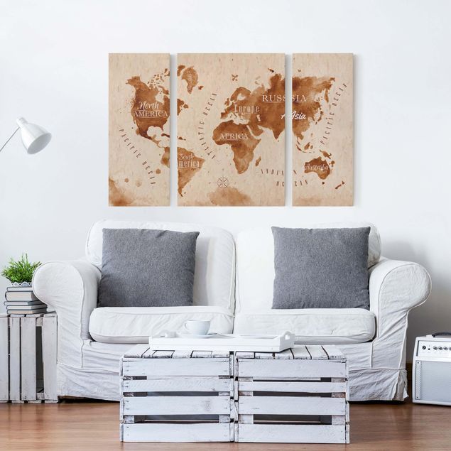 Leinwandbild 3-teilig - Weltkarte Aquarell beige braun - Tryptichon