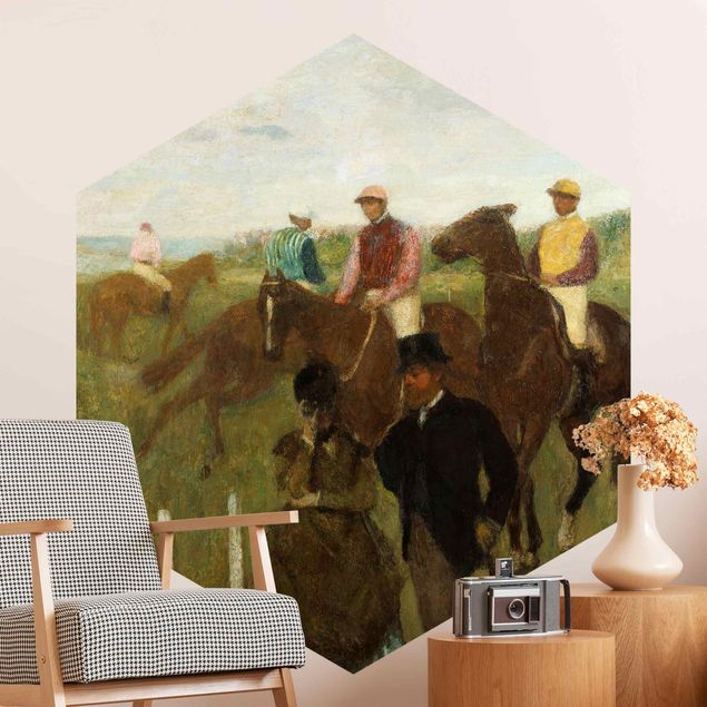 Hexagon Mustertapete selbstklebend - Edgar Degas - Jockeys auf Rennbahn