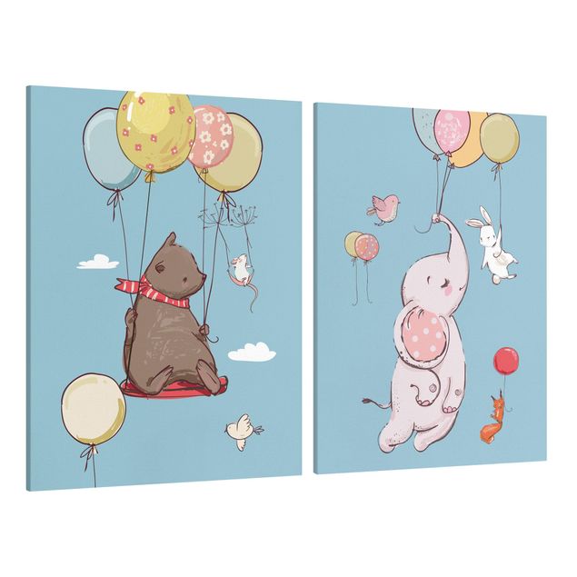 Leinwandbild 2-teilig - Süße Tiere fliegen am Luftballon - Hoch 4:3