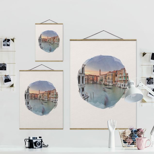 Stoffbild mit Posterleisten - Wasserfarben - Canale Grande Blick von der Rialtobrücke Venedig - Hochformat 3:4