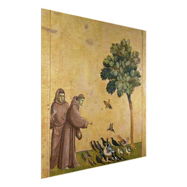 Glasbild - Kunstdruck Giotto di Bondone - Der Heilige Franziskus predigt zu den Vögeln - Quadrat 1:1