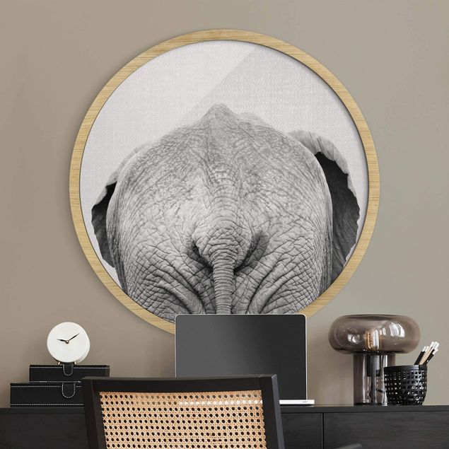 Rundes Gerahmtes Bild - Elefant von hinten Schwarz Weiß