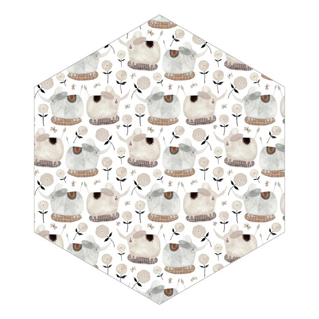 Hexagon Tapete selbstklebend - Elefanten und Blumen