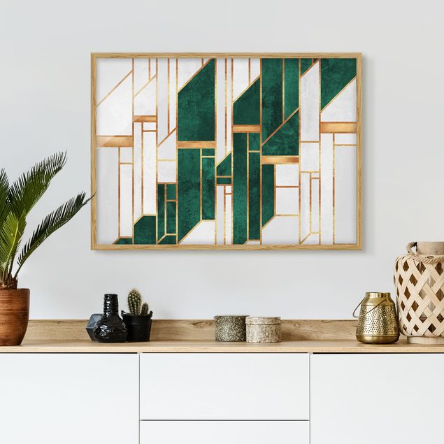 Bild mit Rahmen - Emerald und Gold Geometrie - Querformat