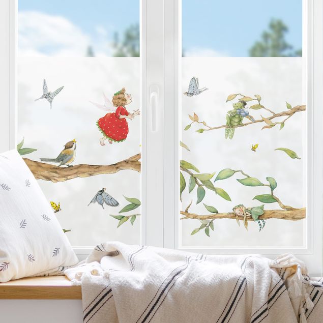 Fensterfolie - Sichtschutz - Erdbeerinchen Erdbeerfee - Mit Baumfee und Heupferd - Fensterbilder