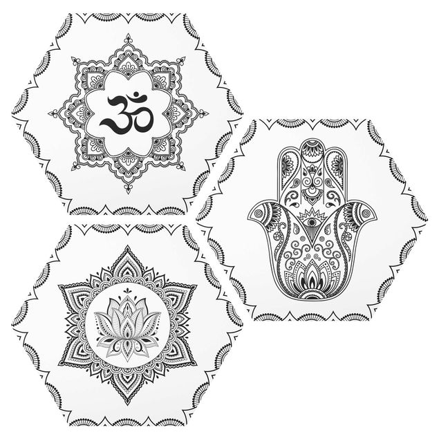 Hexagon Bild Alu-Dibond 3-teilig - Hamsa Hand Lotus OM Illustration Set Schwarz Weiß