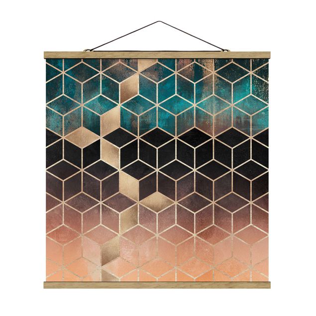 Stoffbild mit Posterleisten - Elisabeth Fredriksson - Türkis Rosé goldene Geometrie - Quadrat 1:1