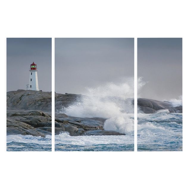 Leinwandbild 3-teilig - Sturmwellen am Leuchtturm - Triptychon