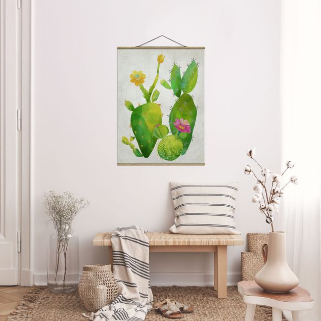 Stoffbild mit Posterleisten - Kaktusfamilie rosa gelb - Hochformat 3:4