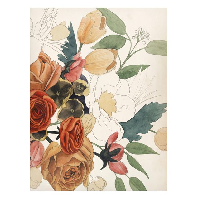 Magnettafel - Zeichnung Blumenbouquet in Rot und Sepia II - Memoboard Hochformat 4:3