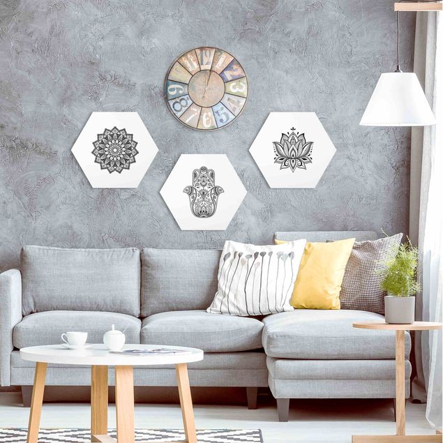 Hexagon Bild Alu-Dibond 3-teilig - Mandala Hamsa Hand Lotus Set auf Weiß