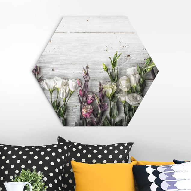 Hexagon Bild Alu-Dibond - Tulpen-Rose Shabby Holzoptik