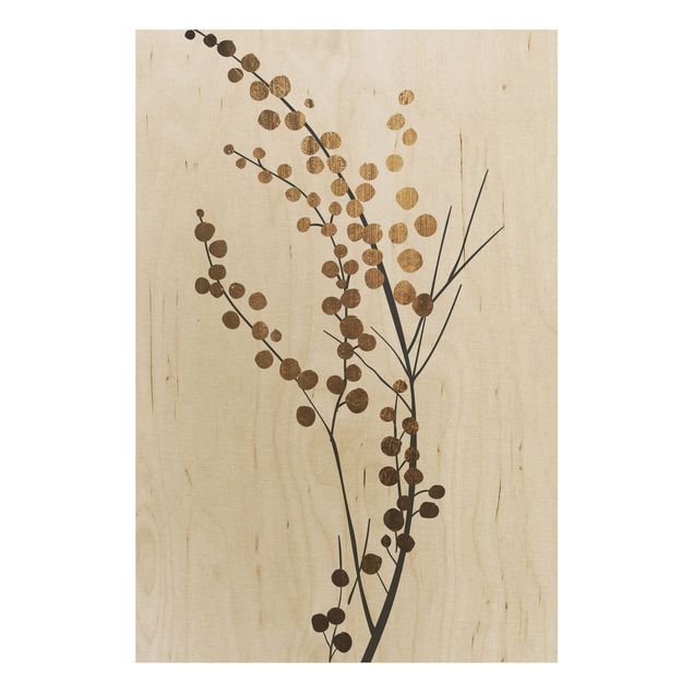 Holzbild - Grafische Pflanzenwelt - Beeren Gold - Hochformat 3:2