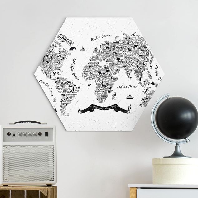 Hexagon Bild Alu-Dibond - Typografie Weltkarte weiß