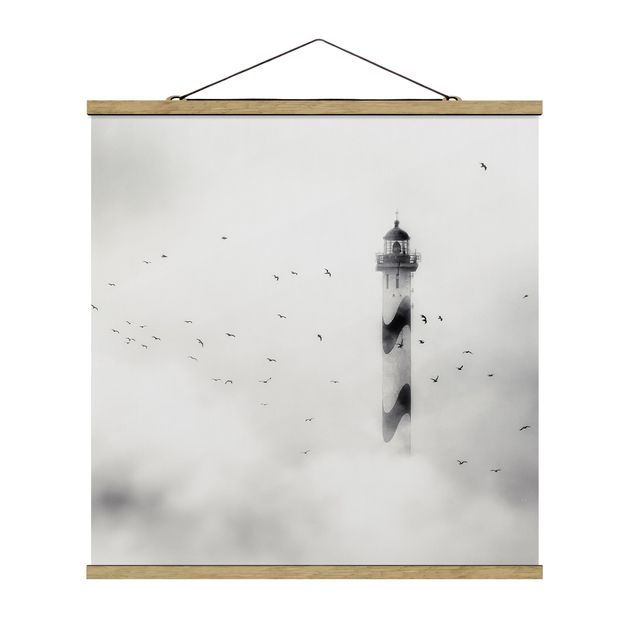Stoffbild mit Posterleisten - Leuchtturm im Nebel - Quadrat 1:1