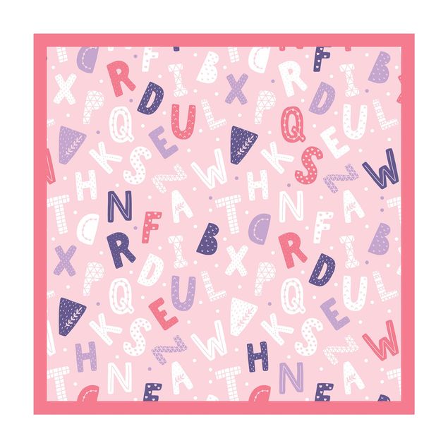 Vinyl-Teppich - Alphabet mit Herzen und Punkten in Rosa mit Rahmen - Quadrat 1:1