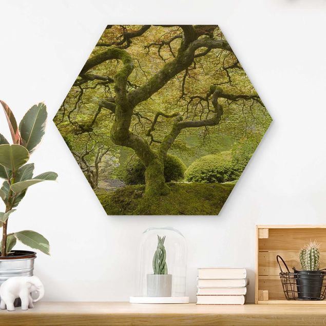 Hexagon Bild Holz - Grüner Japanischer Garten