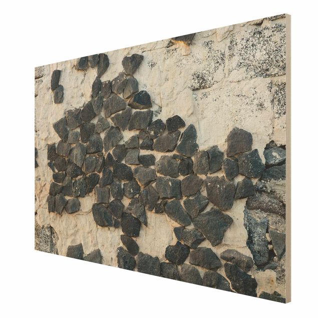 Holzbild - Mauer mit Schwarzen Steinen - Querformat 2:3