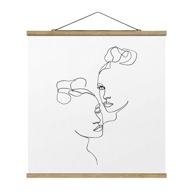 Stoffbild mit Posterleisten - Line Art Gesichter Frauen Schwarz Weiß - Quadrat 1:1