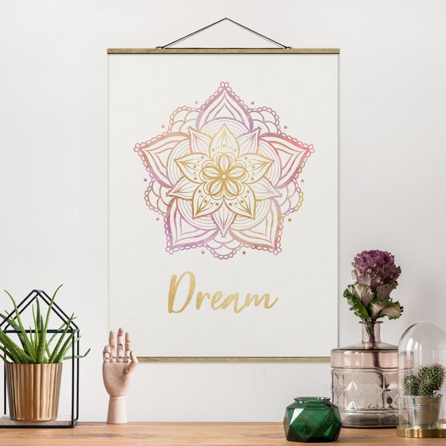 Stoffbild mit Posterleisten - Mandala Illustration Dream gold rosa - Hochformat 3:4