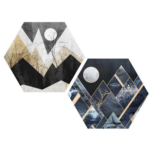 Hexagon Bild Alu-Dibond 2-teilig - Elisabeth Fredriksson - Goldener Mond und geometrische Berge