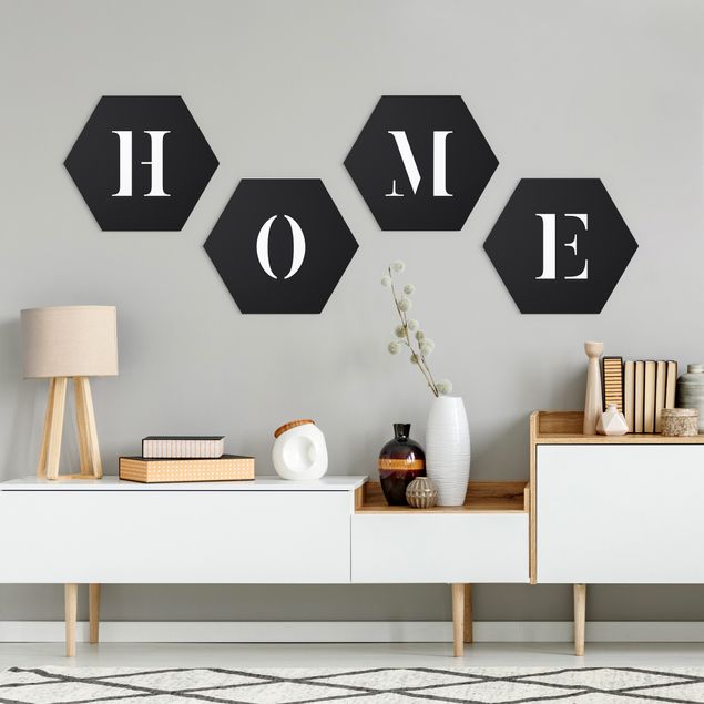 Hexagon Bild Alu-Dibond 4-teilig - Buchstaben HOME Weiß Set II