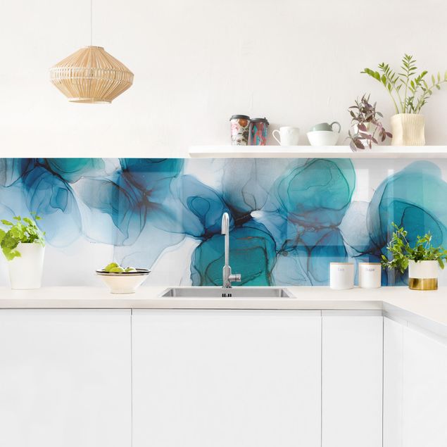Küchenrückwand - Wilde Blüten in Blau und Gold