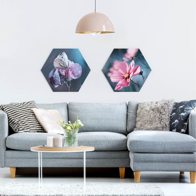 Hexagon Bild Forex 2-teilig - Schmetterling und Marienkäfer auf Blüten