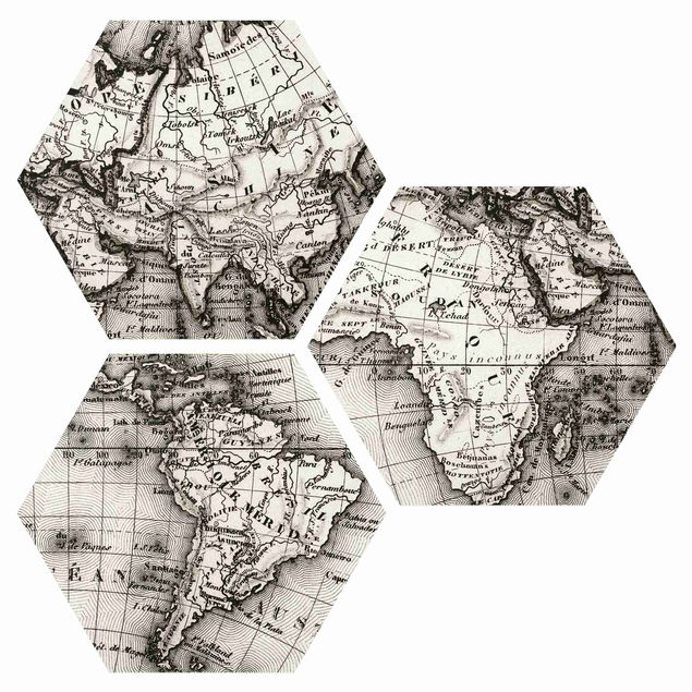 Hexagon Bild Forex 3-teilig - Alte Weltkarte Details