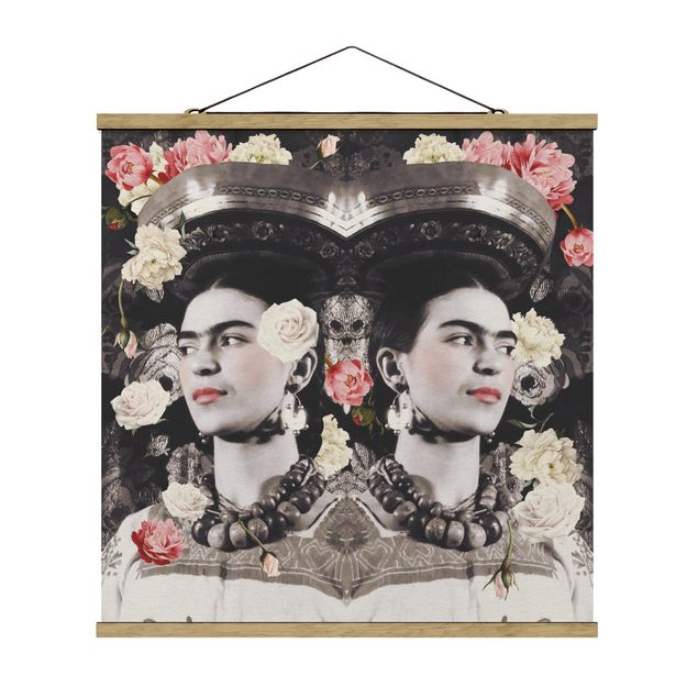 Stoffbild mit Posterleisten - Frida Kahlo - Blumenflut - Quadrat 1:1
