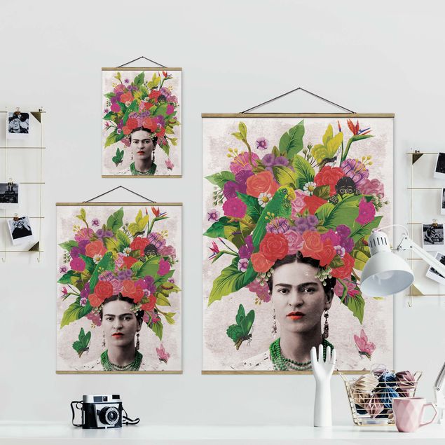 Stoffbild mit Posterleisten - Frida Kahlo - Blumenportrait - Hochformat 3:4