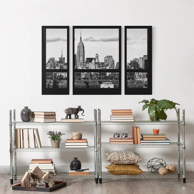 Leinwandbild 3-teilig - Fensterblick New York Skyline schwarz weiß - Triptychon